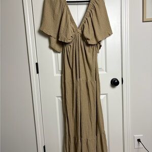 Beige Flutter-Sleeve Maxi Dress